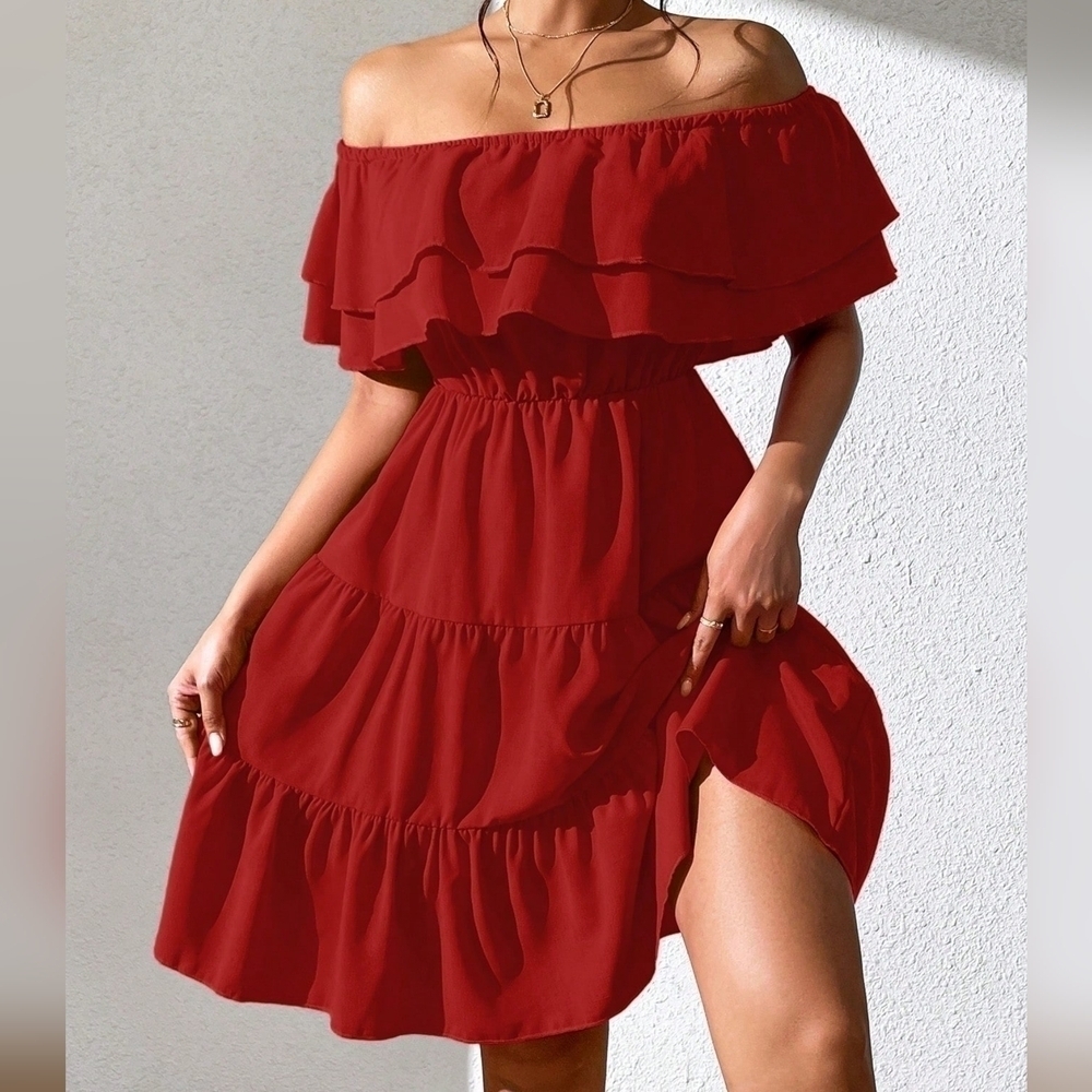 Women's Off-Shoulder Ruffle Hem Bodycon Dress - Picture 1 of 4